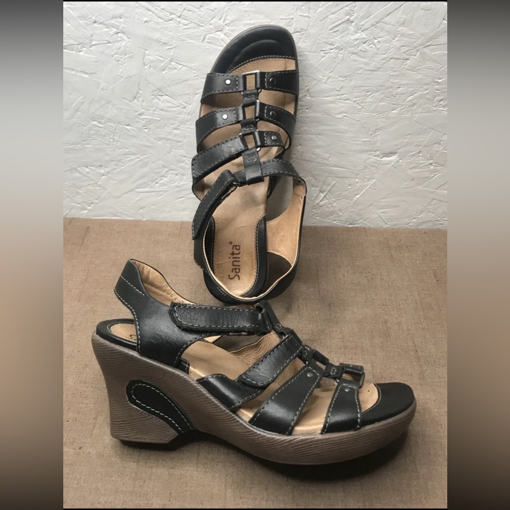 Sanita Women's Caged Sandals Black Leather Open Toe Wedge Size 9 EU 40 Portugal